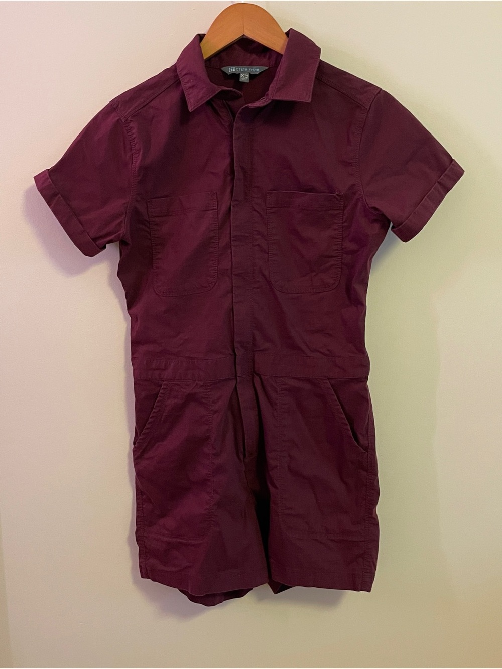 Title nine Short-Sleeve Button Casual Romper in Burgundy